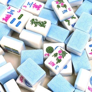 Duży zestaw amerykańskich płytek do mahjonga | Zestaw płytek i torby do mahjonga | Duże niebieskie płytki do mahjonga z melaminy | Prezent mahjong dla niej