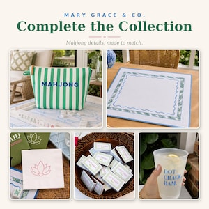 Matching mahjong accessories including a striped canvas tile bag, cocktail napkins , matchboxes, frosted cup and coastal inspired mahjong mat