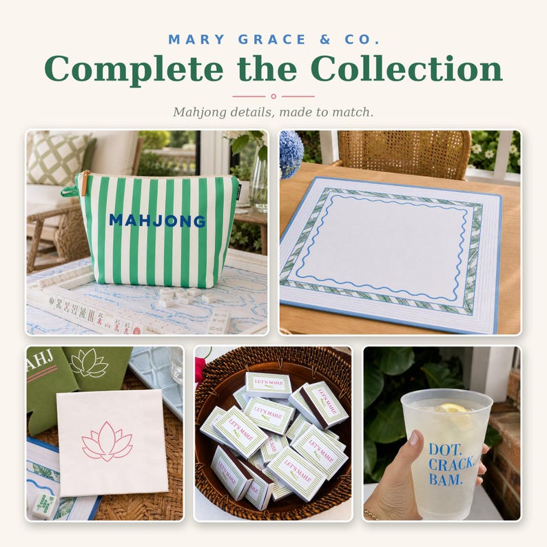 Matching mahjong accessories including a striped canvas tile bag, cocktail napkins , matchboxes, frosted cup and coastal inspired mahjong mat