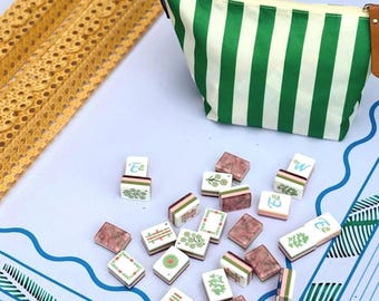 Complete Sage Green Mahjong Set, Acrylic Tiles, Rattan Racks, Cabana Bag, Game Mat