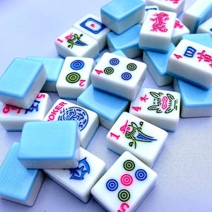 Large American Mahjong Tiles Set with blue backing and colorful faces. melamine mahong set