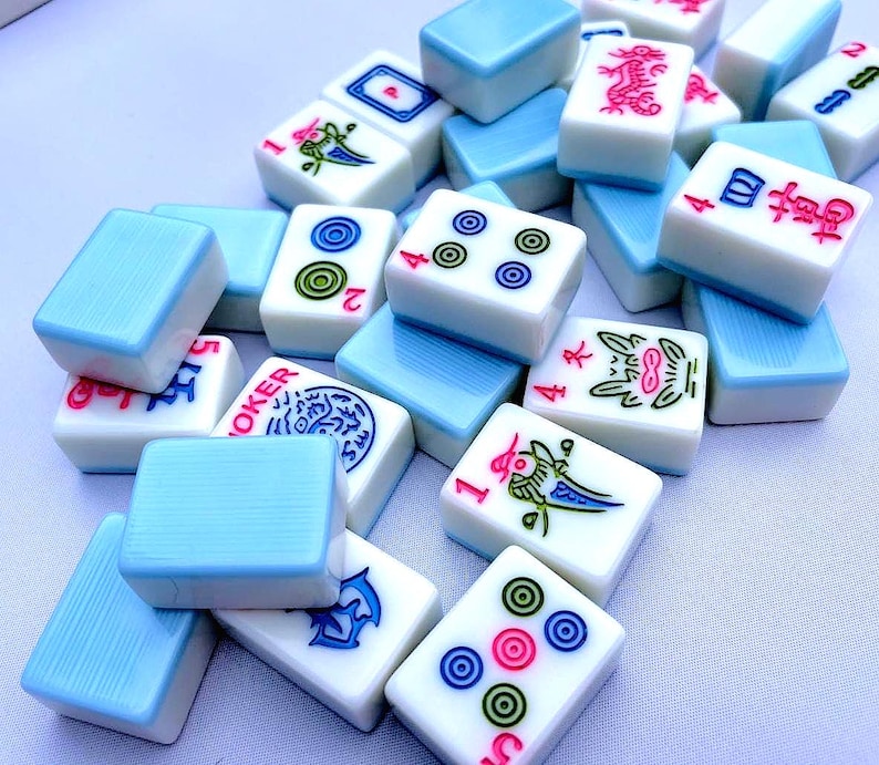 Large American Mahjong Tiles Set with blue backing and colorful faces. melamine mahong set