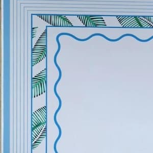 May include: A rectangular border design featuring a white center enclosed by a blue wavy line. The outer frame consists of a green palm leaf pattern on a white background, finished with multiple thin blue lines along the outermost edge.