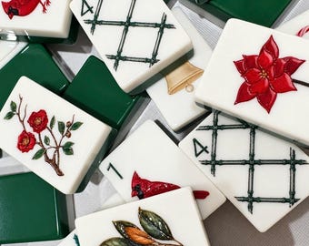 Mahjong Christmas Tiles Set | Engraved & Acrylic Botanical Mah Jongg Set with Cardinals