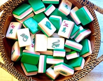 Pink & Green Acrylic Mahjong Tiles Set | Engraved Botanical Tile set | Preppy Game night