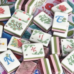 Sage Green Pink Botanical American Mahjong Tiles Set | Engraved Acrylic Game Set