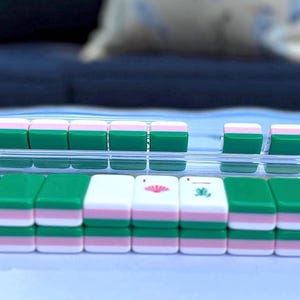 preppy mahjong tiles on rack. tiles are green and pink and perfect for a summer game night