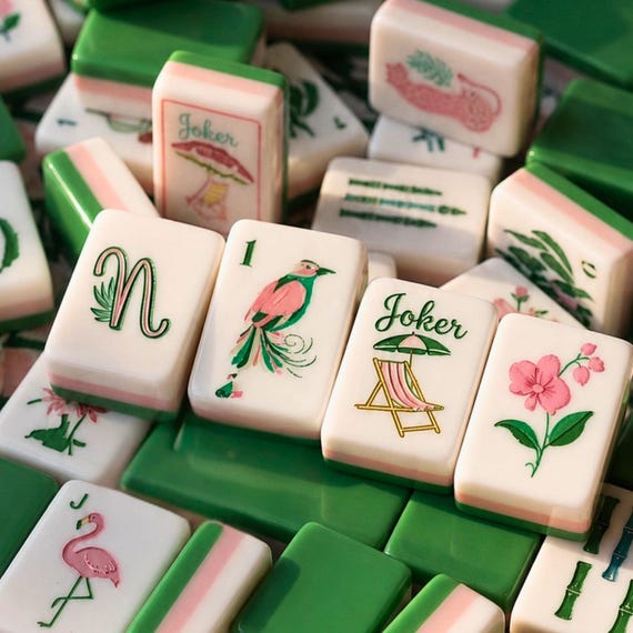 Pink Mahjong Tiles Set | Botanical Mahjong Game Set | American Mahjong Tile Bag Set