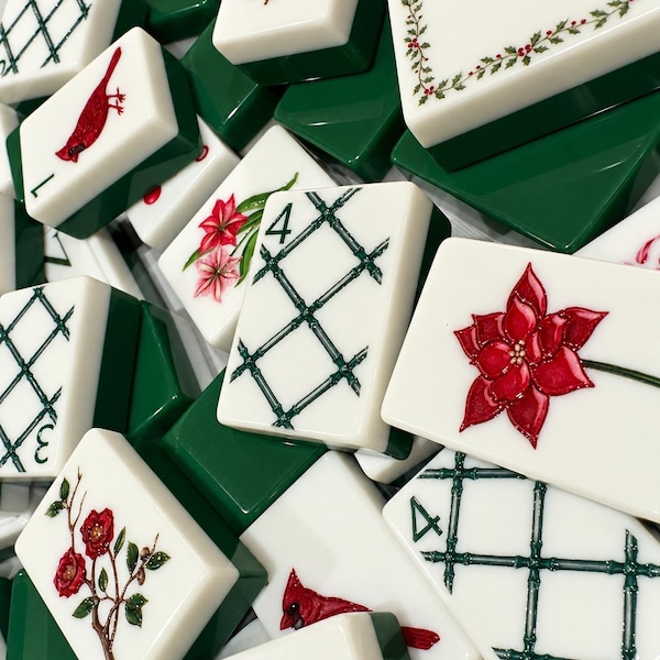 Engraved Acrylic Mahjong Tiles | Botanical Christmas Set with Cardinal (Mary Grace)