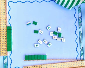 Complete American Mahjong Set | Pink & Green Acrylic, engraved mahjong Tiles set, 4 Rattan Racks with pushers, game Mat and cabana tile bag