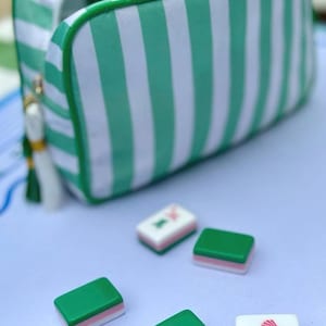 May include: A green and white striped zippered pouch with a tassel zipper pull, accompanied by several rectangular mahjong tiles. The tiles feature green, white, and pink layers, with some displaying red shell icons and the number one.