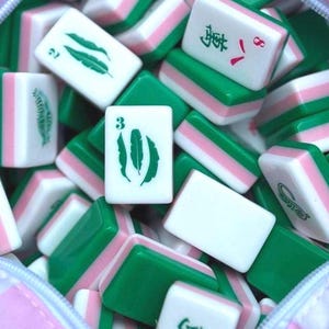 Mahjong tile sets in a preppy mahjong storage bag for game night