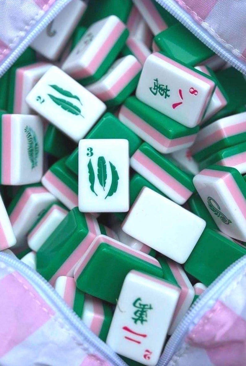 Mahjong tile sets in a preppy mahjong storage bag for game night