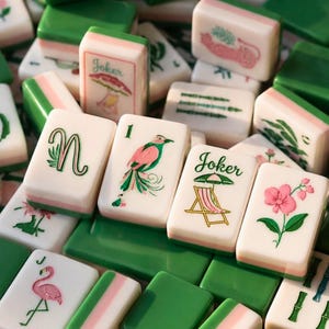 Botanical Mahjong Tile Set  | Pink and Green American Mah Jongg Tiles  | Preppy Mahjong Gift