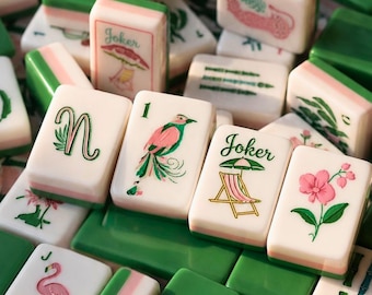 Juego de fichas de Mahjong botánicas / Fichas de Mahjong americanas rosas y verdes / Regalo de Mahjong estilo preppy