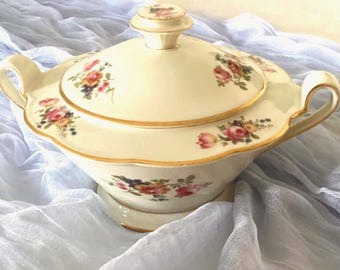 Antique Serving Bowl | Vintage Porcelain Dish with Lid & Hand painted Gold Trim