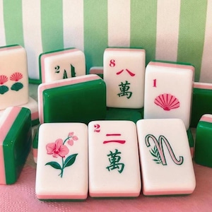 Pink Mahjong Tiles Set with Cabana-Striped Tile Bag