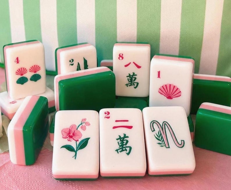 Pink Mahjong Tiles Set with Cabana-Striped Tile Bag