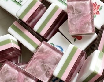 Sage Green Pink Botanical American Mahjong Tiles Set | Engraved Acrylic Game Set