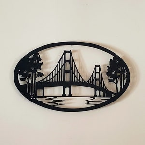 Mackinac bridge in oval metal art