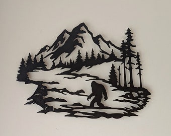 Bigfoot in river metal wall art