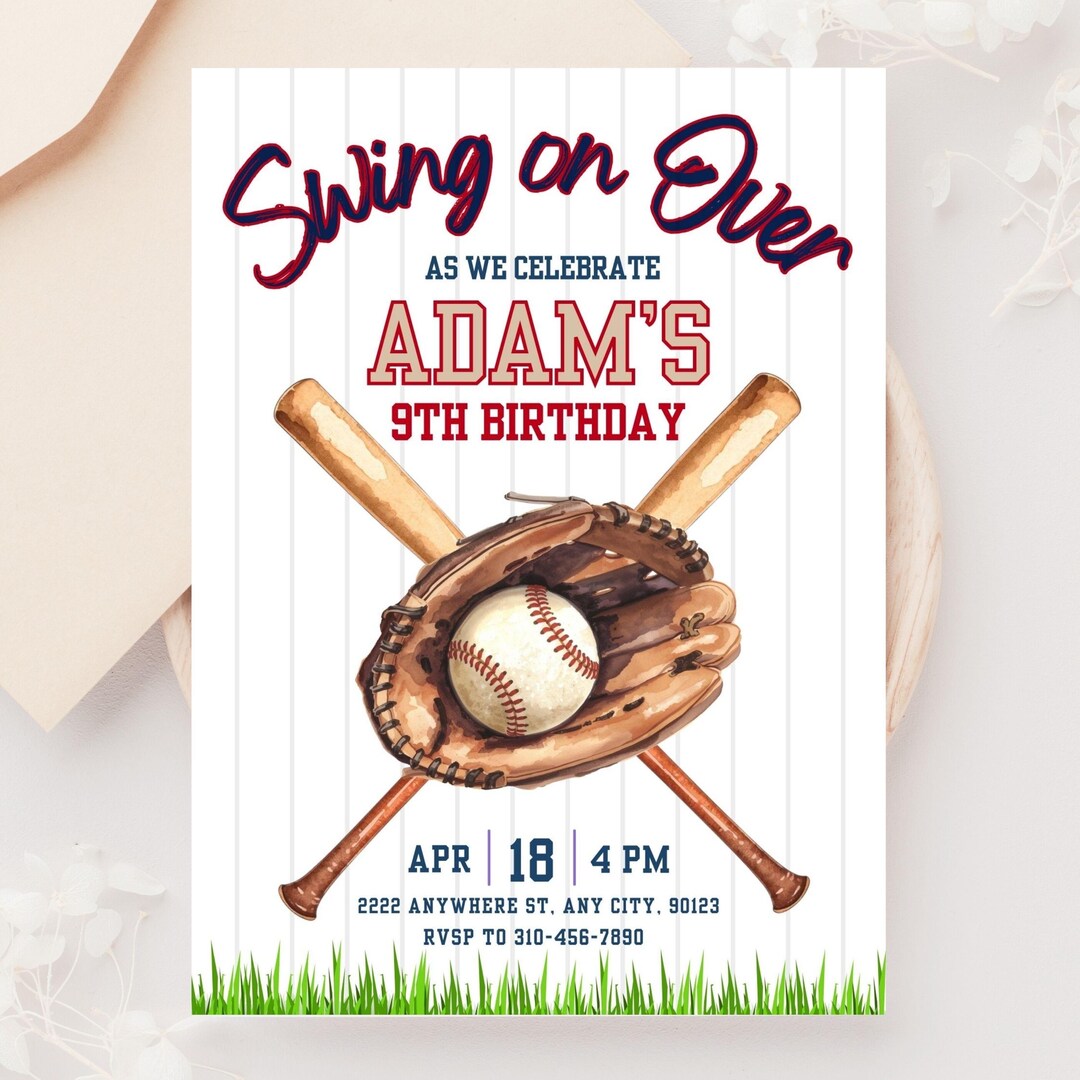 Baseball Birthday Invitation, Watercolor Bats, Glove, Ball (editable ...