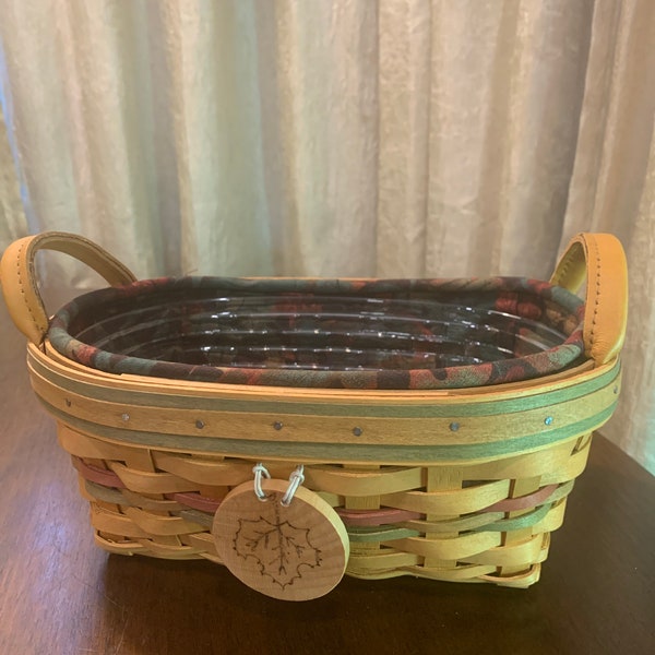 Longaberger Basket Small Autumn Reflections Daily Blessings Combo Falling leaves liner, Leaf Tie On, & Plastic Protector 2001 9.75x7.5x4 EUC