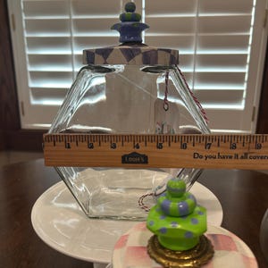 Glass Cookie Candy Jars set of 3 with Handpainted Knobs, & Lids adorned with Mackenzie Childs Paper Whimsical Circus Party Jars Excellent image 17