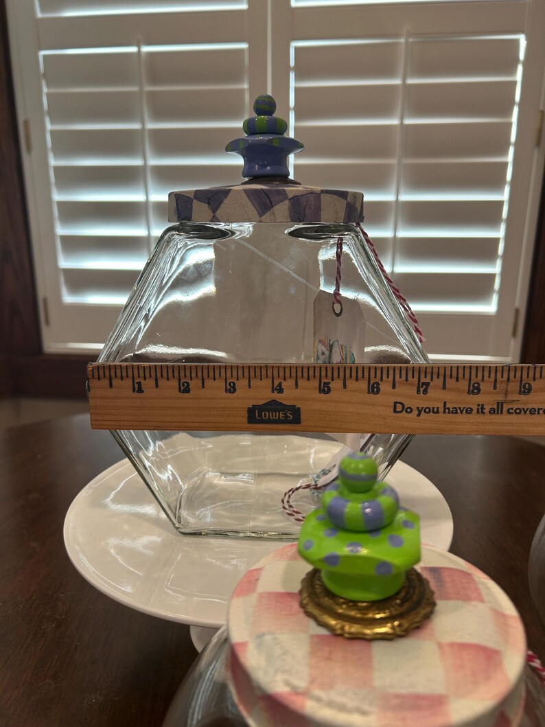 Glass Cookie Candy Jars set of 3 with Handpainted Knobs, & Lids adorned with Mackenzie Childs Paper Whimsical Circus Party Jars Excellent image 17