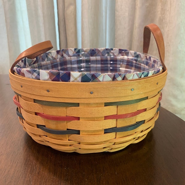 Longaberger Woven Traditions Red Green Blue Darning Basket 1999 with WT Plaid Liner, &  Plastic Protector Excellent 15539