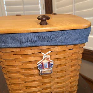 Longaberger Medium Mail Basket, Blue Liner, Protector, Ceramic Welcome Tie On EUC