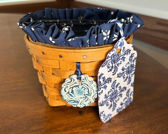 Longaberger Oregano Basket Combo: Blue Liner & Ceramic Flower Tie-On