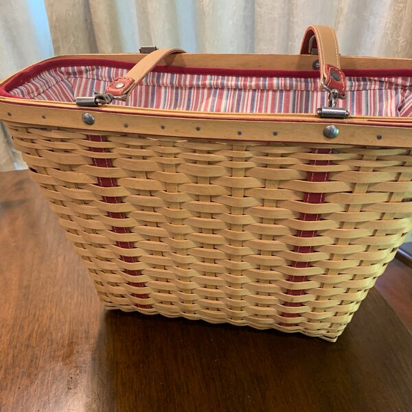 Longaberger Mothers Day Weekend Tote Basket Combo Lg Summer Stripes Liner, Leather Straps, and plastic protector no breaks VGUC