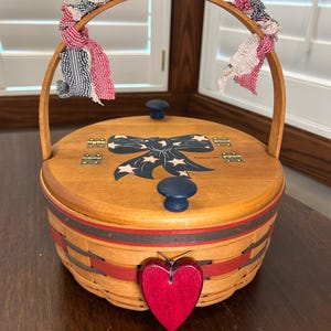 Longaberger American Cookie Basket with Handpainted Americana Lid, Cookies Wrap Liner, Protector, Custom Handle Gripper, & Tie-On EUC
