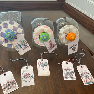 Glass Cookie Candy Jars set of 3 with Handpainted Knobs, & Lids adorned with Mackenzie Childs Paper Whimsical Circus Party Jars Excellent image 3