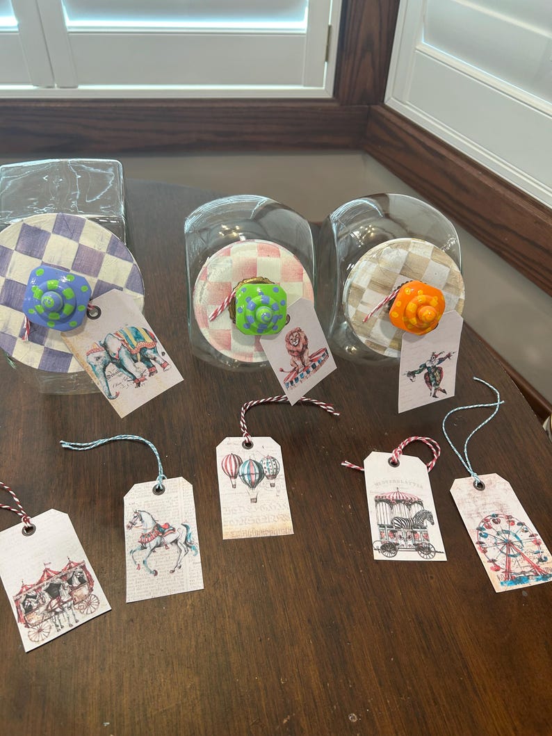 Glass Cookie Candy Jars set of 3 with Handpainted Knobs, & Lids adorned with Mackenzie Childs Paper Whimsical Circus Party Jars Excellent image 3