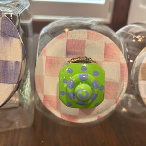 Glass Cookie Candy Jars set of 3 with Handpainted Knobs, & Lids adorned with Mackenzie Childs Paper Whimsical Circus Party Jars Excellent image 13