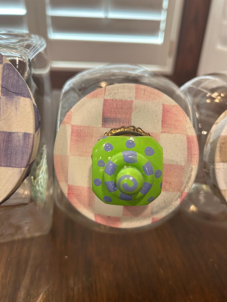 Glass Cookie Candy Jars set of 3 with Handpainted Knobs, & Lids adorned with Mackenzie Childs Paper Whimsical Circus Party Jars Excellent image 13