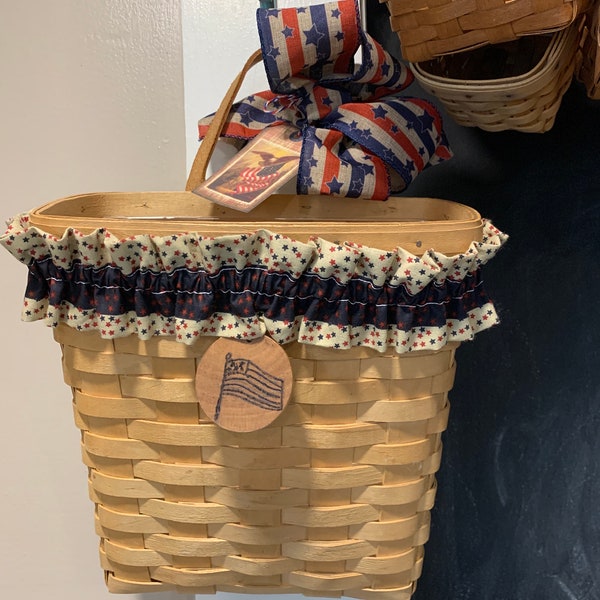 Longaberger Basket Large Tall Key / Mail Basket Natural with Flag Tie on, Americana Garter, Stars Stripes Bow, Tag, & Protector EUC 1994