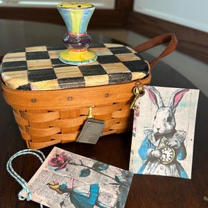Longaberger Rosemary Basket, Alice in Wonderland Lid, Mad Hatter Knob, Book Tie On