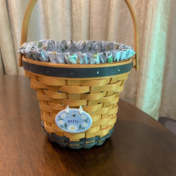 Longaberger Basket Daisy Basket May Series Combo with liner, tie on, plastic protector 1999 EUC 13056