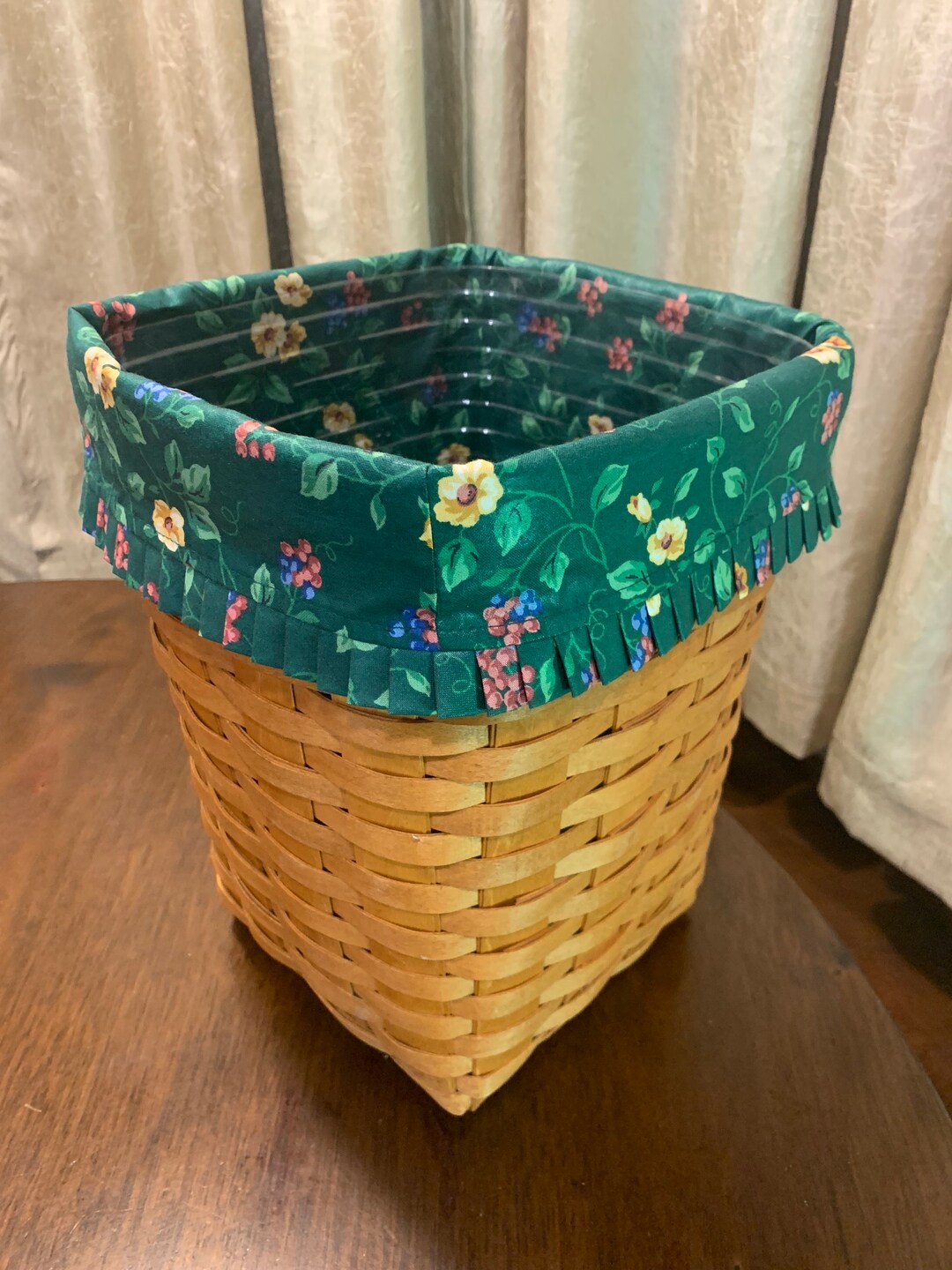 Longaberger Small Waste Basket With Emerald Vine Liner, and Plastic