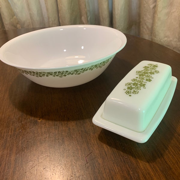 Pyrex Green Spring Blossoms Crazy Daisy Milk Glass Butter Dish & Matching Corelle Lg Serving Bowl 10 inches EUC