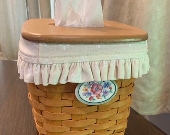 Longaberger Tall Tissue Basket with Longaberger Floral Ceramic Tie On, Plastic Protector, & Cream White Liner 1997 EUC