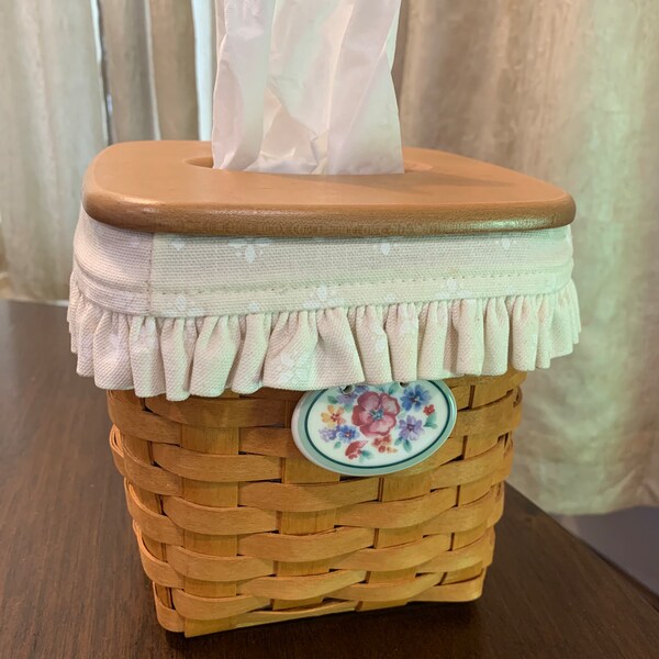 Longaberger Tall Tissue Basket with Longaberger Floral Ceramic Tie On, Plastic Protector, & Cream White Liner 1997 EUC