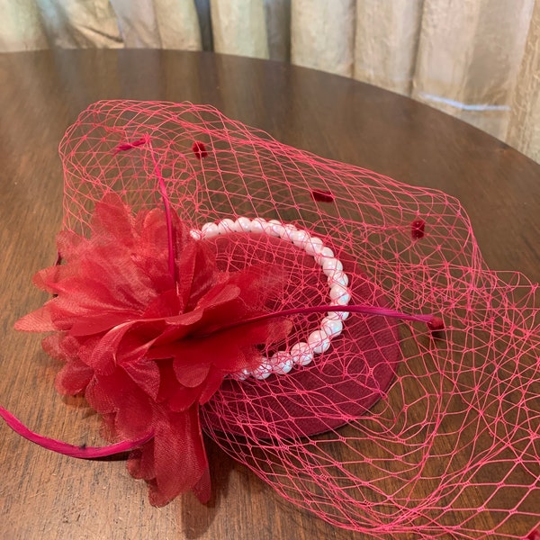 Fascinator Easter Bonnet Burgundy Wine with Pearls and Netting with attached Clip Excellent