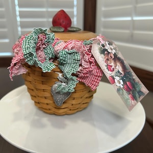 Longaberger Strawberry Canister  Small with Lid, Strawberry Knob, Custom Garter, Lidded Protector, & Pewter Tie On EUC