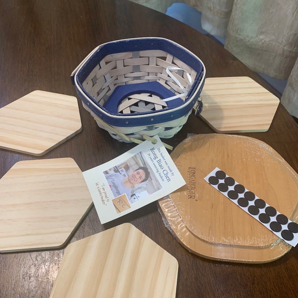 Longaberger Blue and White Tree Trimming Sage Coasters Basket  4 Wooden Coasters, Blue Rose Tie On, & New Woodcrafts Lid Excellent New