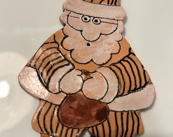 Vintage Handmade Red Clay Santa Ornament: Signed Pottery, 1980s