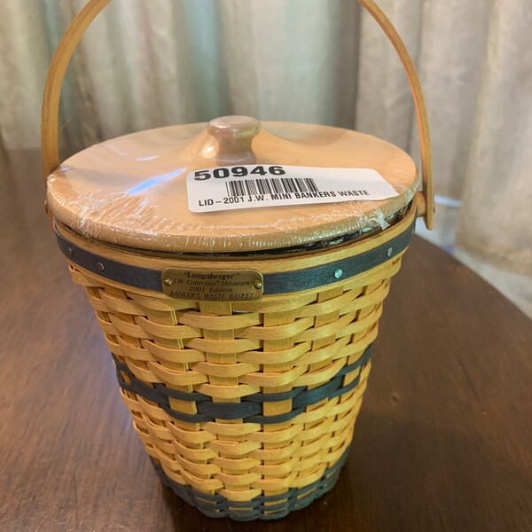 Longaberger J W Collection Miniature 2001 edition Bankers Waste Basket, CC liner, New Longaberger Lid, & Protector excellent 5.25x5.25